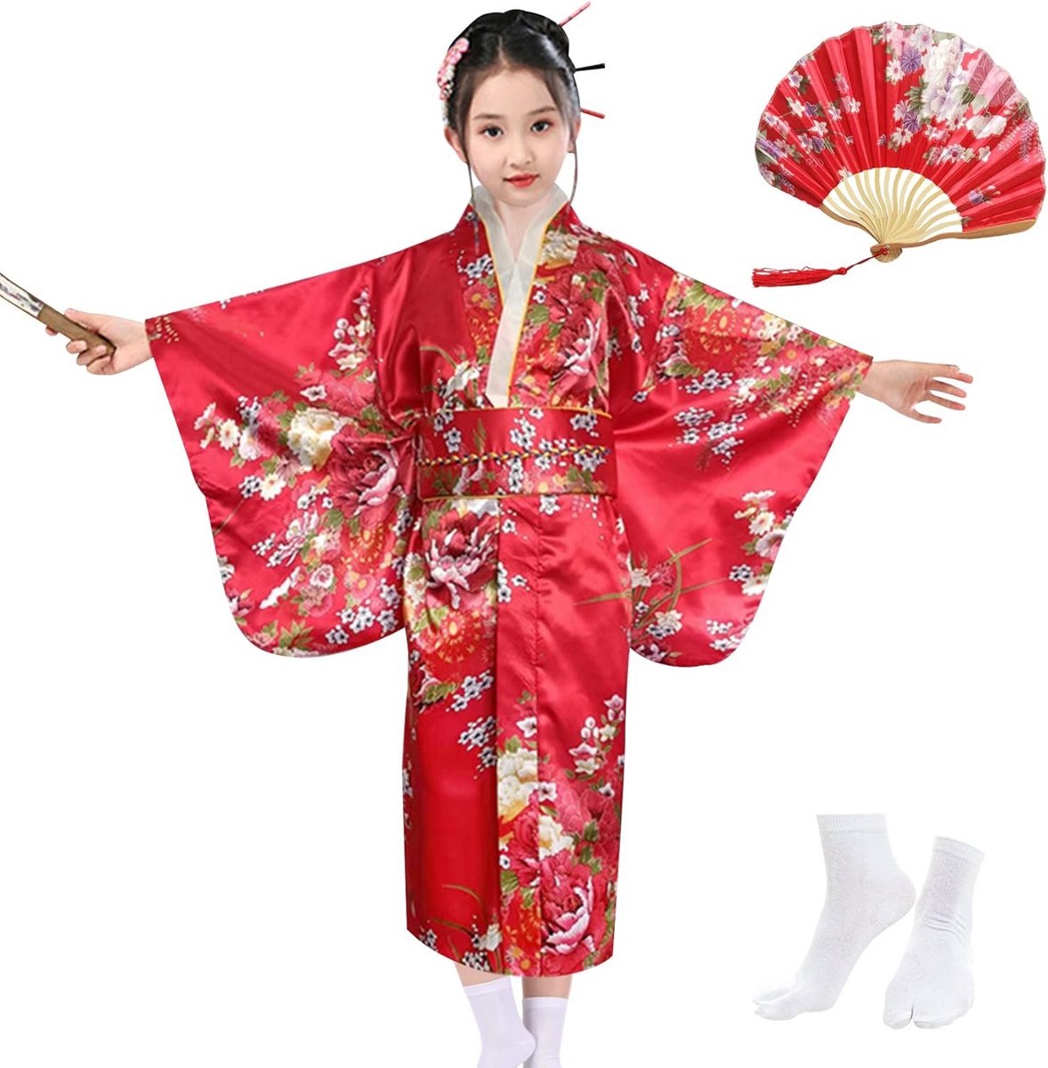 Traditionele Japanse Kimono Jurk voor Meisjes - Inclusief Waaier en Tabi Sokken