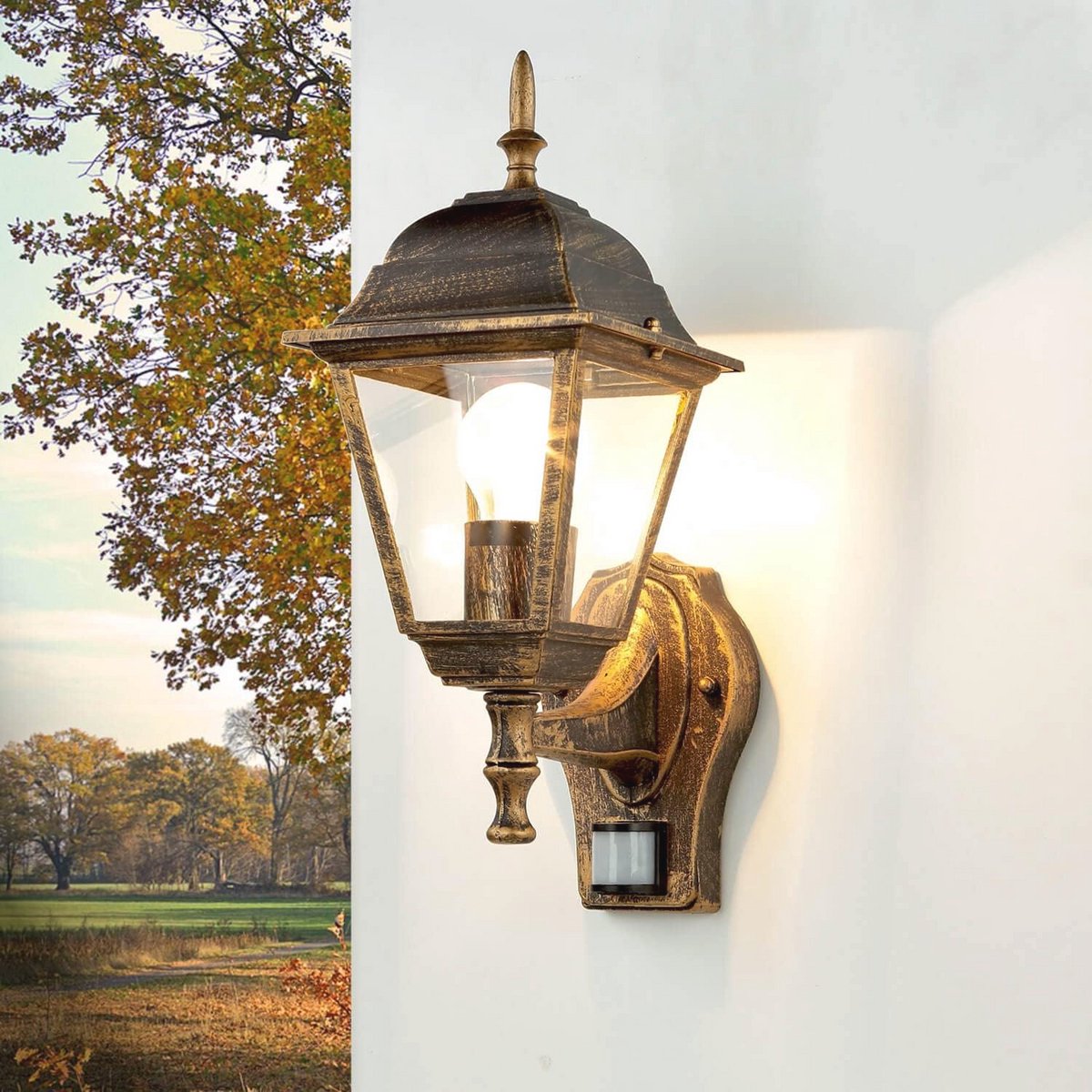 Buitenlamp met Bewegingsmelder IP44 E27 Zwart Koper - Rustieke Wandlamp voor Tuin en Terras