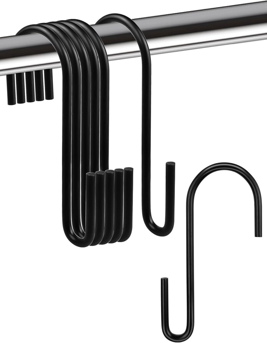 12x Zwarte S Haken Set - Stevige Metalen Ophanghaken voor Keuken, Badkamer en Kledingkast