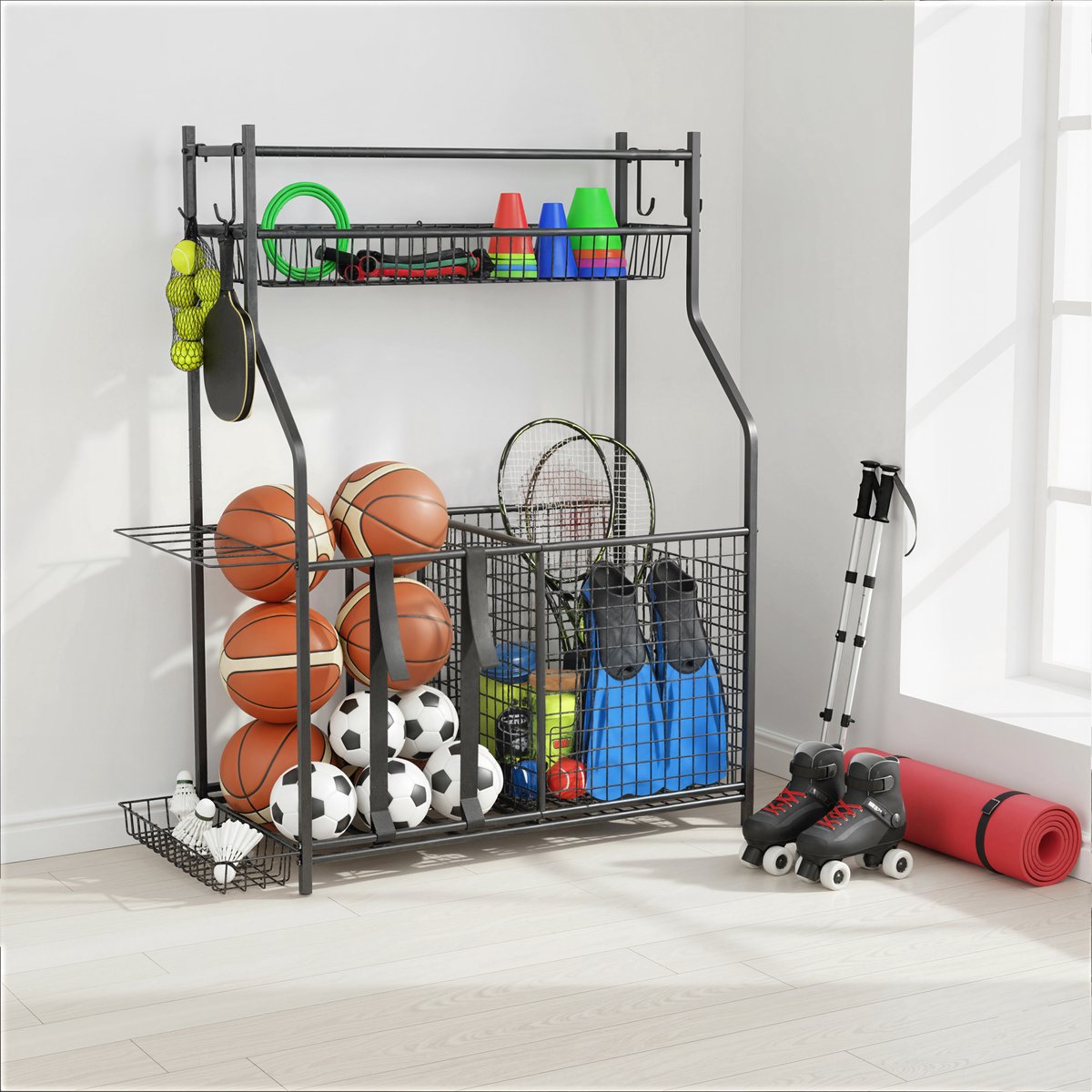 SPORTNOW - Organizer voor sportartikelen - Metaal - 92x42x109cm - Zwart — cadeau in Sport & Outdoor - foto 2