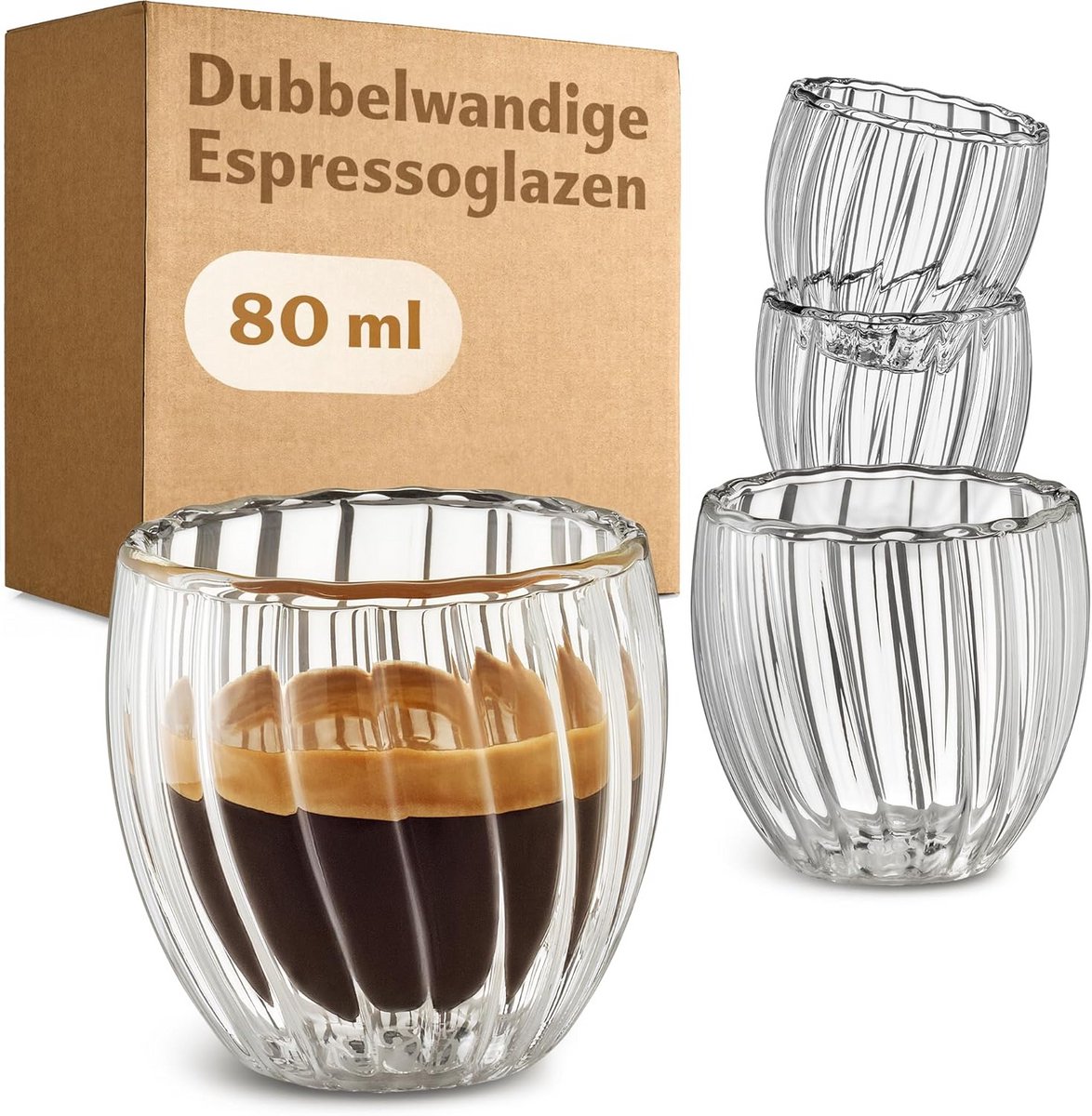 Espresso blikjes Dubbelwandig Glas 4 Stuks 80 ml