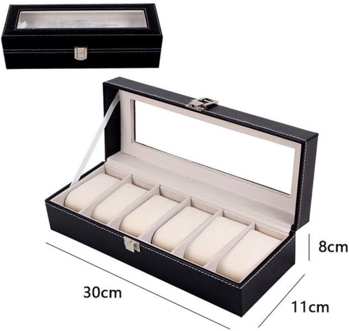 Horlogebox met 6 compartimenten - PU met glazen deksel