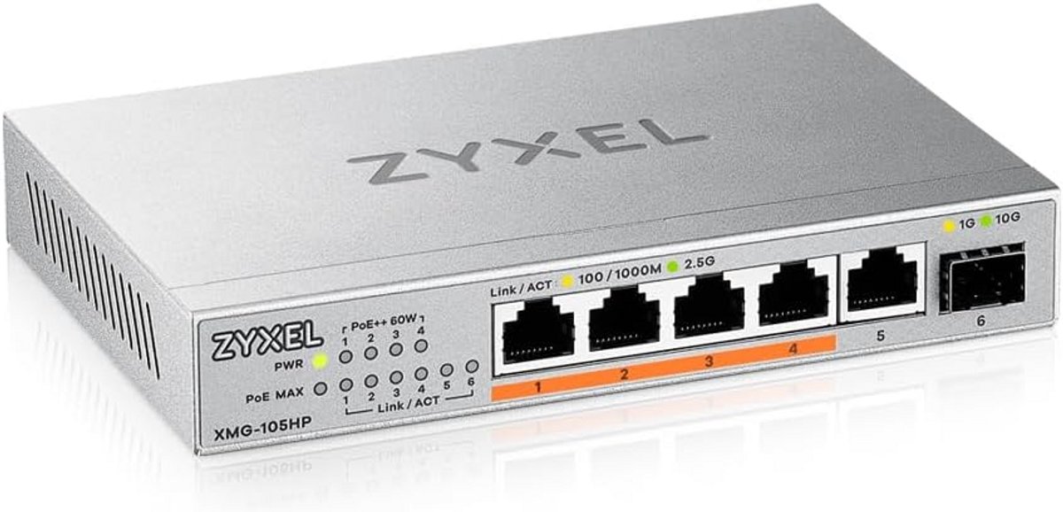 5-Port 2.5G PoE Switch - 4 PoE++ Poorten, 10G SFP+ - 70W - Unmanaged - Desktop/Wand