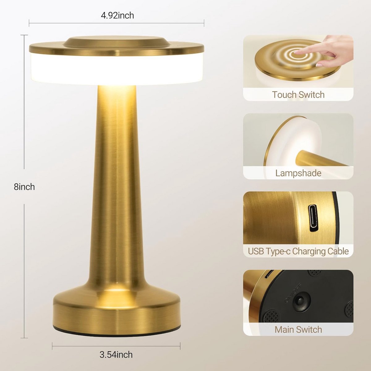 Draadloze gouden tafellamp met aanraaksensor en dimfunctie - Oplaadbare bureaulamp voor slaapkamer — cadeau in Wonen & Interieur - foto 7