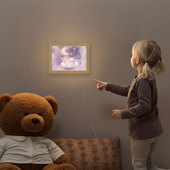 Nachtlampje 20x15 cm - Kinder lampje - Eenhoorn - Paars - Sterrenhemel - Maan - Tafellamp kinderkamer - Slaapkamer lamp - Bedlamp kinderen - Kinderlampje stopcontact - Wandlamp babykamer - Nachtlampjes van Merkloos — afbeelding 5