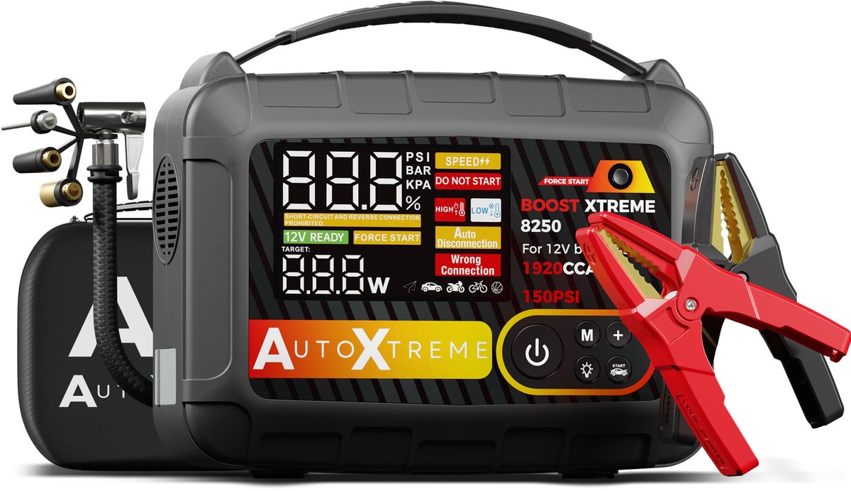 AutoXtreme 12V Jumpstarter met Compressor voor Auto – 1920 CCA - Boost Xtreme 8250 – Starthulp met Forcestart, Powerbank & LED-scherm – Incl. Zaklamp & Opbergkoffer
