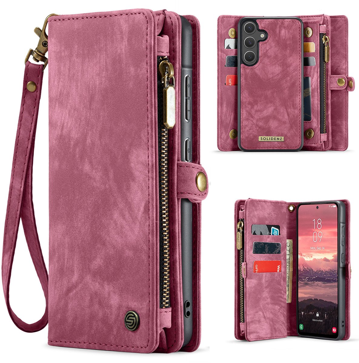 Geschikt Voor Samsung Galaxy S25 FE Hoesje - Solidenz Wallet Case S25 FE - Telefoonhoesje S25 FE - S25 FE Case Met Pasjeshouder - Met Ritsvak - Met Polskoord - Portemonee Hoes - S25FE - Rood