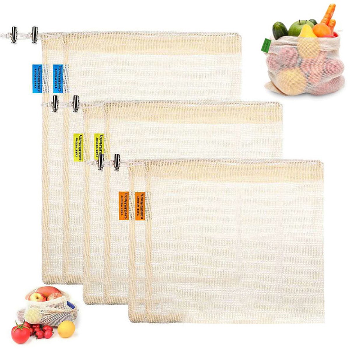6 stuks - Herbruikbare groentezakken - Groentezakken van katoennet - Met Trekkoord - Fruitzak - Netzakken Voor Groenten En Fruit - Wasbare Groente-Opbergzakken - Voor De Versheid Van Uw Koelkast, Voedsel, Fruit, Groenten, Bladgroenten Netzakken