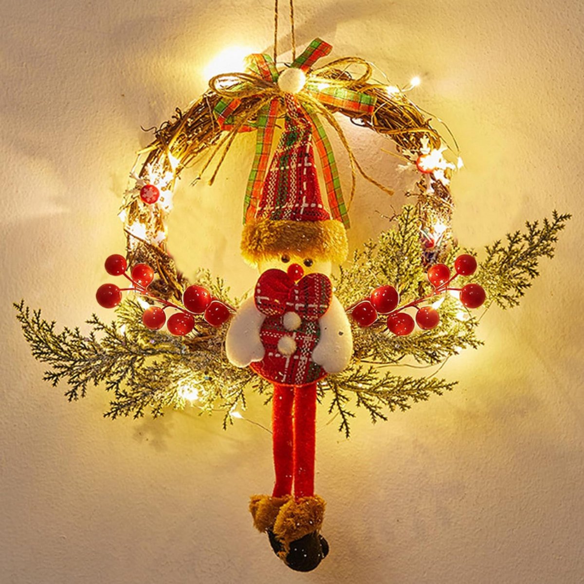 Kerstdeurkrans 35 Cm – Kerstdecoratie Met 30 Led Lichtjes – Kerstkrans Voor Huisdeur – Kerstguirlande Decoratie – Wand Raam Of Deurdecoratie