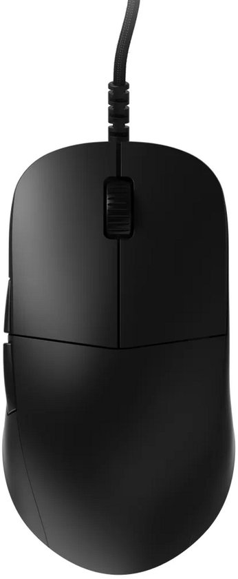 Zwarte computer muis met twee knoppen, scrollwiel en kabel.