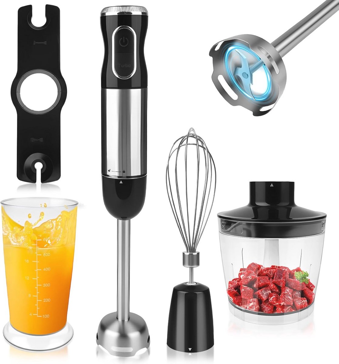 4-in-1 staafmixerset met hakmolen en maatbeker - 1000 W, roestvrij staal