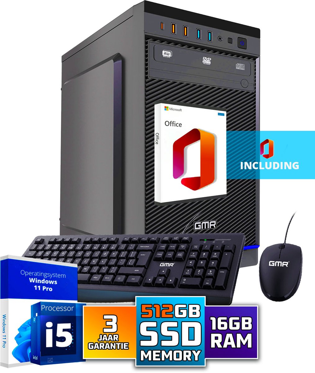 Intel Ultra Compleet Desktop PC | Intel Core i5 | 16 GB RAM | 512GB SSD M.2 | DVD+RW | Windows 11 Pro | Business Office Multimedia Computer | Inclusief Muis & Toetsenbord en Microsoft Office!