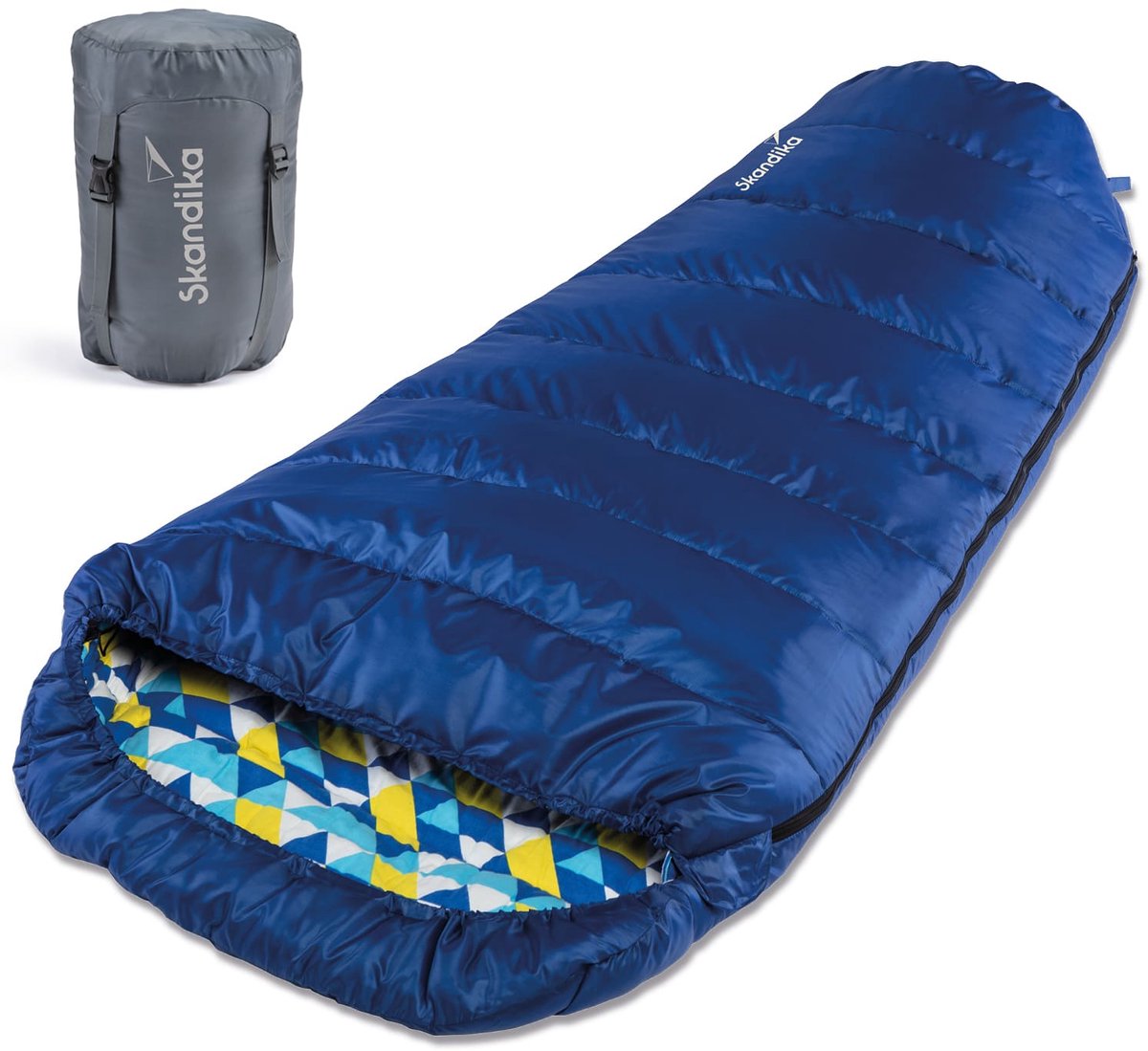 Skandika Vegas XXL Flannel-R Slaapzak - Mummieslaapzakken – Slaapzakken volwassen – Maat XXL – Unisex - Katoen, luxe kwaliteit, koppelbaar, 3 seizoenen, 220 x 110 cm, -12° tot -15°C, Outdoor kampeerslaapzak – Ritssluiting rechts -blauw