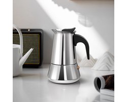 Italiaanse espressomachine, 100 ml, capaciteit voor 2 kopjes, koffiezetapparaat, koffiekan, koffiezetkan, roestvrij staal, geschikt voor inductiekookplaat en open vuur.