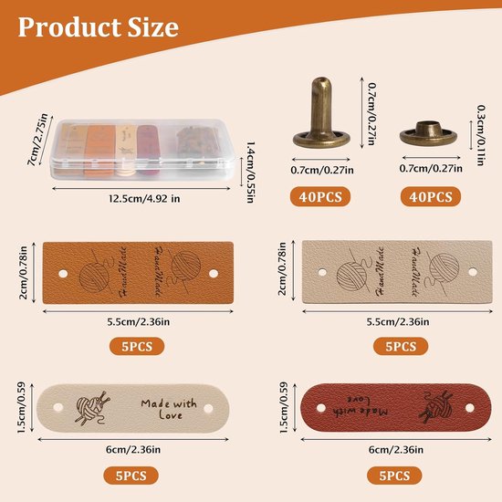 FINGERINSPIRE 24 Sets Handgemaakte Reliëf Tag PU Lederen Label met Hartpatroon & 2 Klinknagel 12x65mm Bruin Lederen Tags Knop Ovaal Gemaakt met Liefde Tags voor Jeans Tassen Schoenen Hoed DIY