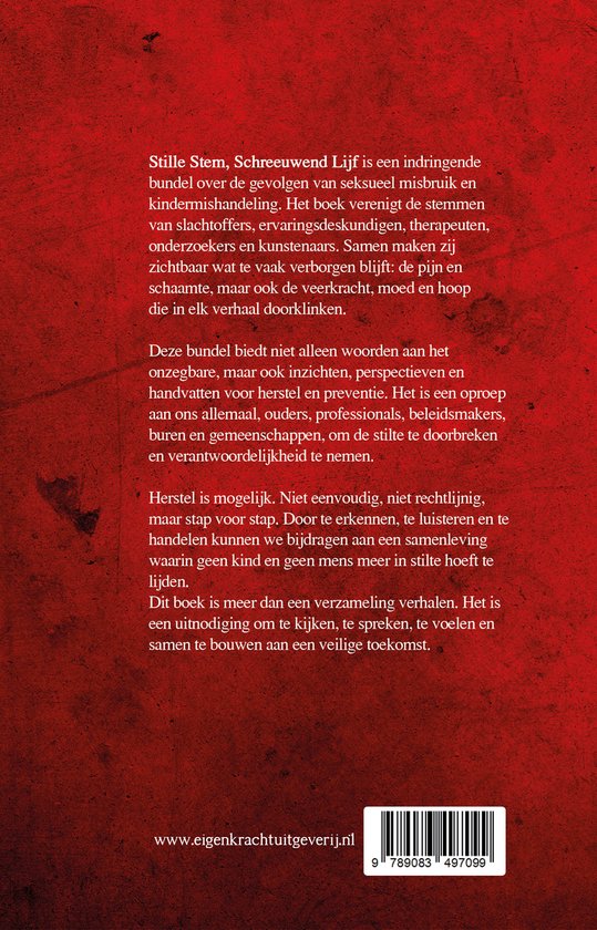 Achterkant van het boek 'Stille Stem, Schreeuwend Lijf', met tekst over seksueel misbruik en kindermishandeling.