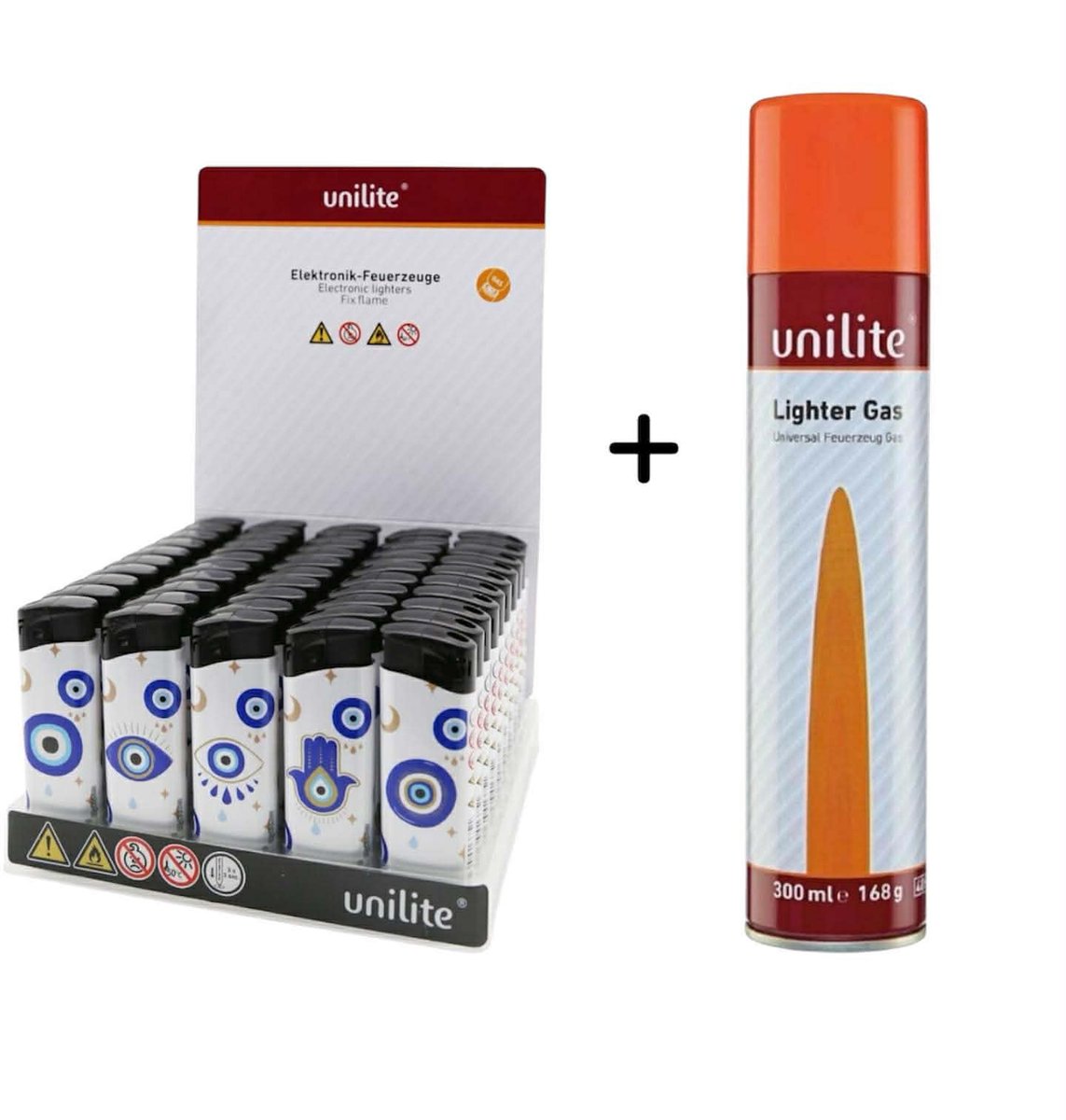 Aanstekers - 50 STUKS in tray - Unilite - Fatima Hand Print - navulbaar klik aansteker + gas fles