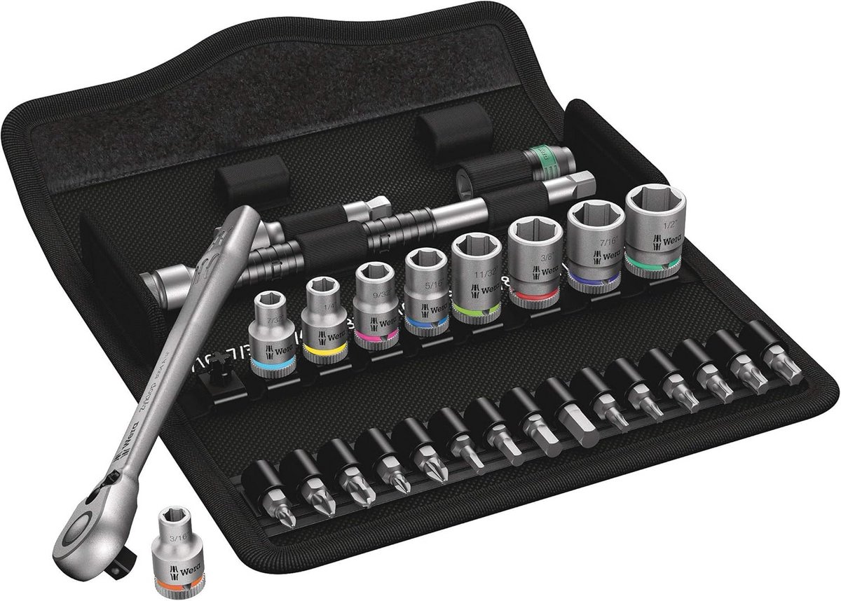 28-delige 1/4 inch metalen ratchetset met inbussleutels en bits - compact ontwerp voor nauwe ruimtes