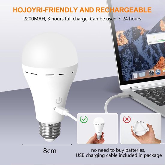 2 Stuks Oplaadbare LED Lamp met Afstandsbediening, E27 Fitting 3W, USB-C Oplaadbare Noodlamp met Batterij, 3 Kleurstanden & Dimbaar, Timerfunctie, Touch Control, Hanglamp voor Binnen & Buiten — afbeelding 2