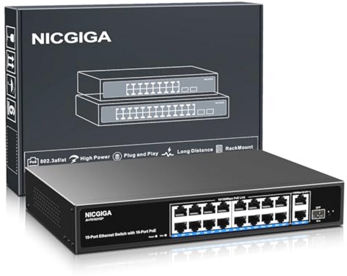 16-poorts PoE-switch met 250 W, Gigabit Uplink en SFP-poort voor eenvoudig netwerkbeheer