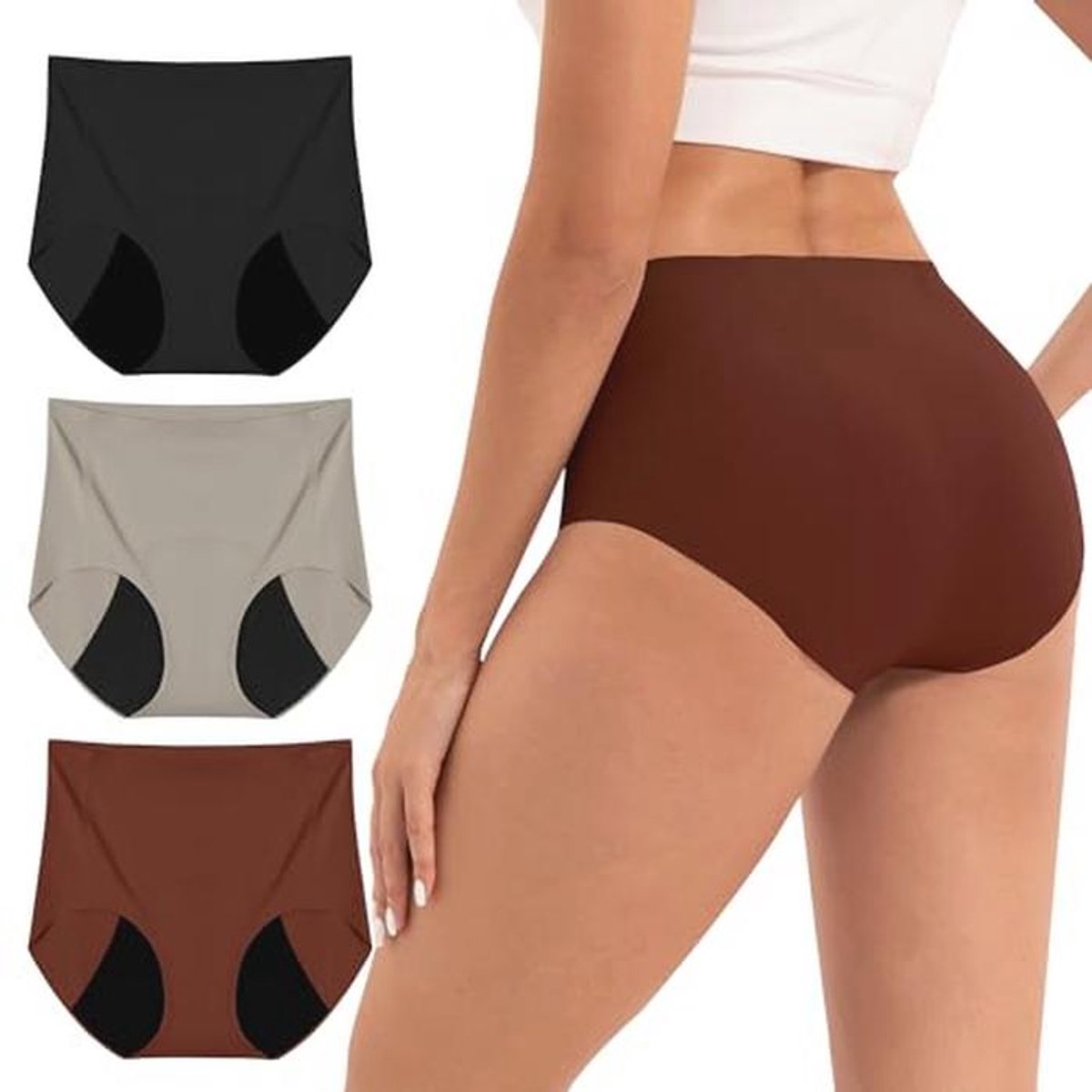 Menstruatieondergoed voor dames - naadloos, hoge taille, microvezel - 3 stuks