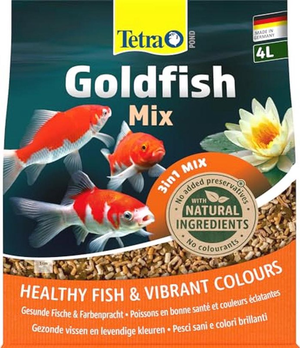 Complete voeding mix voor goudvissen in vijver – gevarieerde pellets, vlokken en gammarus – 4 liter