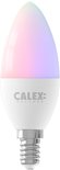 Calex kaarslamp met een witte basis en een lichtgevende punt die in pastelkleuren is opgelicht.