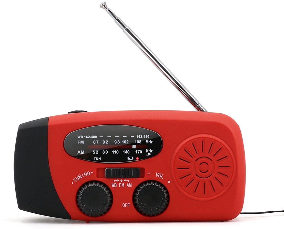 Radio Opwindbaar - Noodradio-met LED-zaklamp-draagbare AM/FM NOAA-weerradio-2000 mAh powerbank-ondersteunt USB-oplaadfunctie en zonne-energie-rood