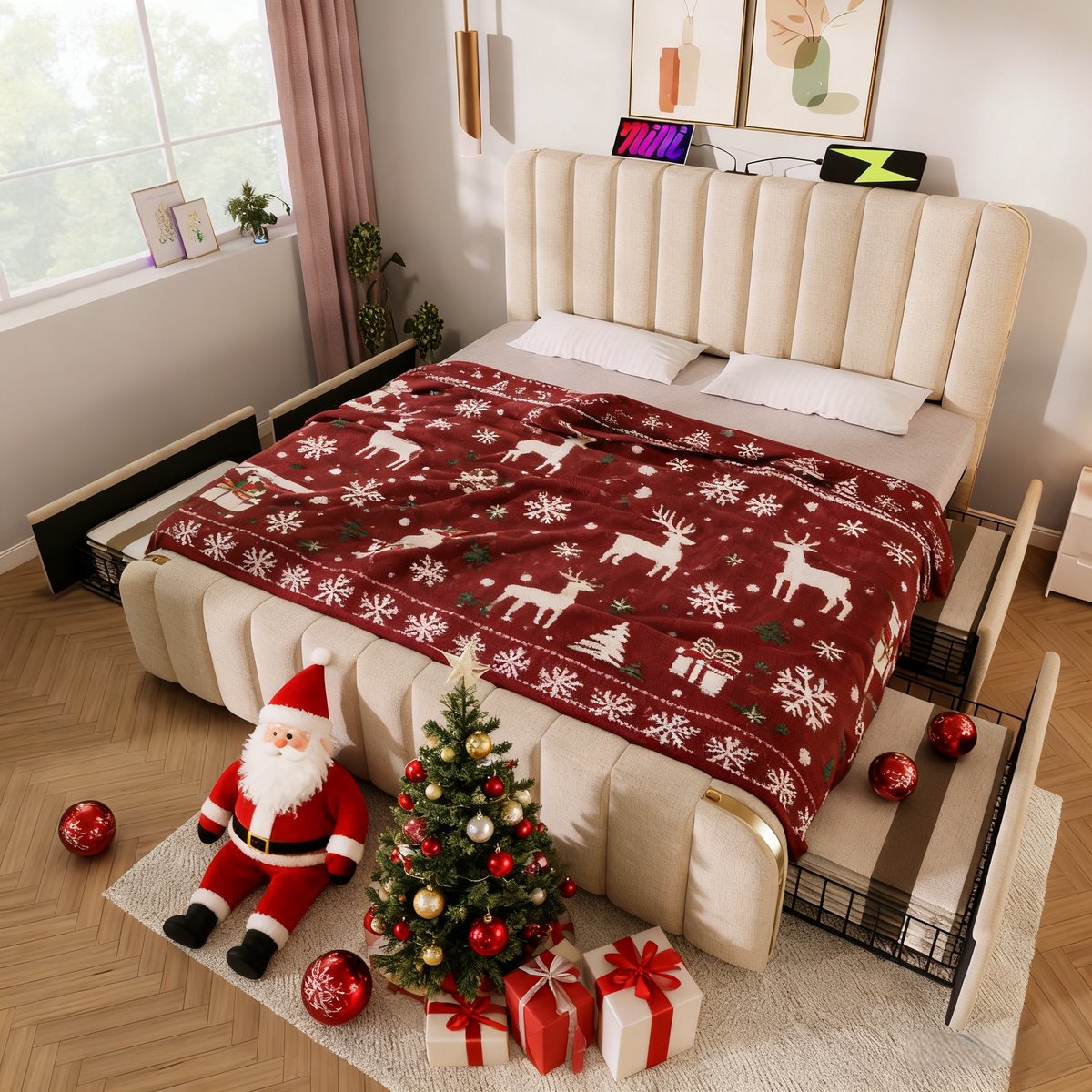 KOMHTOM Tweepersoonsbed met 4 laden 180x200 cm met gouden sierstrepen en USB Type-C oplaadfunctie Bed Beige linnen Hydraulisch campingbed