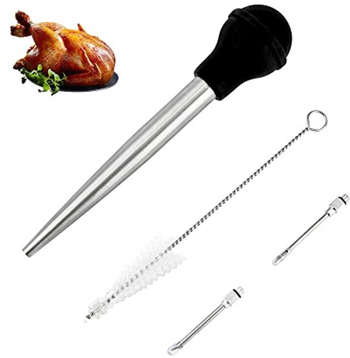 Grote RVS Vleesinjector met Reinigingsborstel en 2 Marinade Naalden