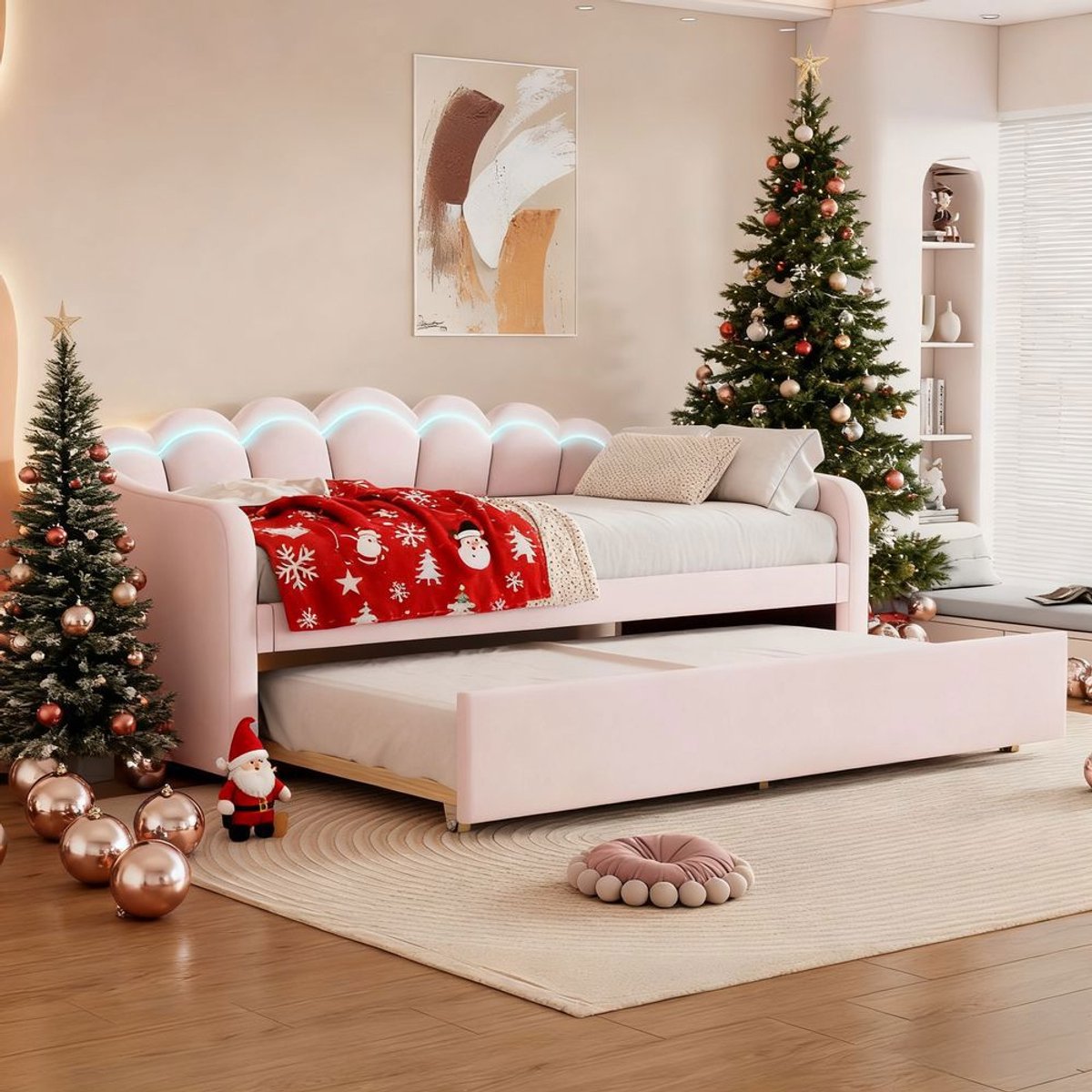 KOMHTOM Bed Slaapbank 90x200 Dagbed met uitschuifbaar bed Sfeerlicht dat van kleur verandert Afstandsbediening Zonder matras Fluweel Roze