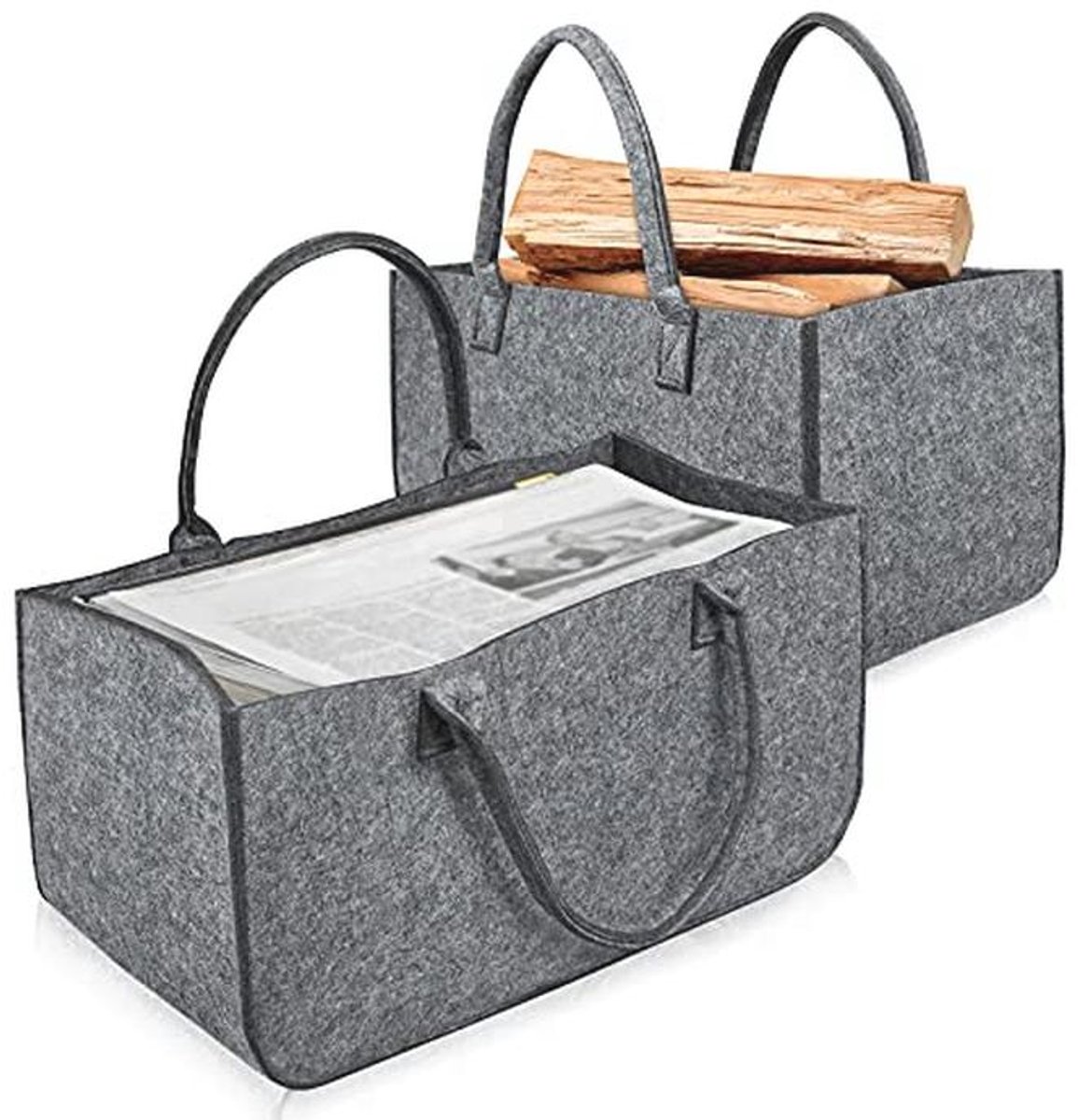 Opvouwbare Vilten Brandhoutmand met Handgrepen - Lichtgrijs - 2 Stuks - Perfect voor Haardhout, Boodschappen en Meer