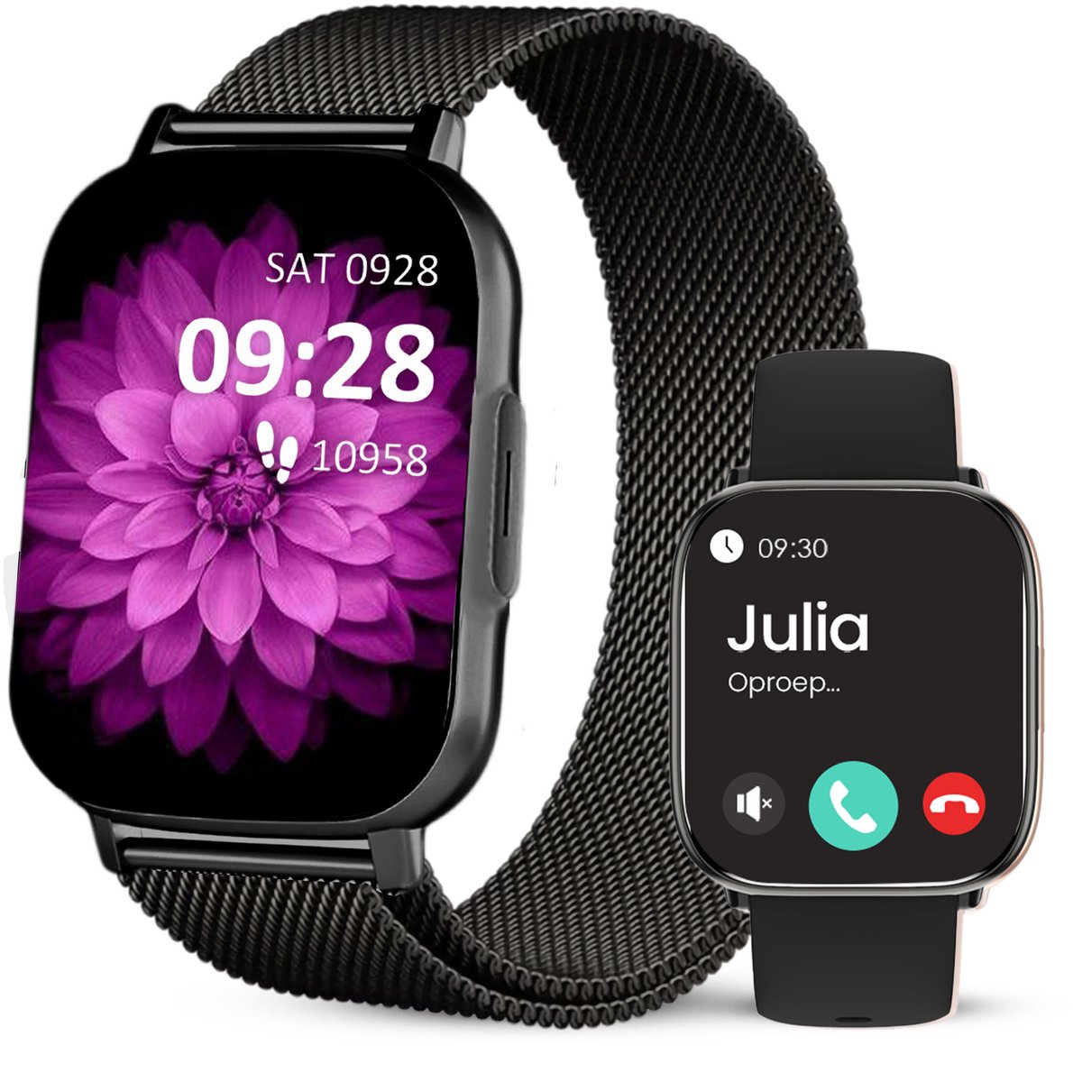 Avalue AMOLED Smartwatch Dames & Heren - AI Feature - Stappenteller - Bloeddrukmeter - Geschikt voor alle Smartphones - RVS en Siliconen Band - Zwart