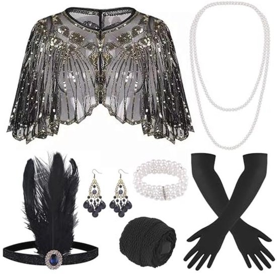 BABEYOND Accessoireset voor kostuums, retrostijl (jaren 1920 - The Great Gatsby), inclusief hoofdband, halsketting, handschoenen, oorbellen en sigarettenhouder, set-3
