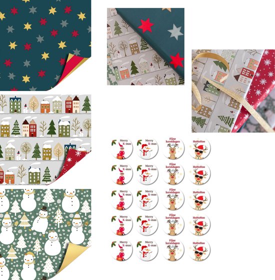 2 x Papier cadeau Sinterklaas rose Blauw vert | 20 x Autocollants cadeaux Sint | Papier cadeau | 300 x 30 cm
