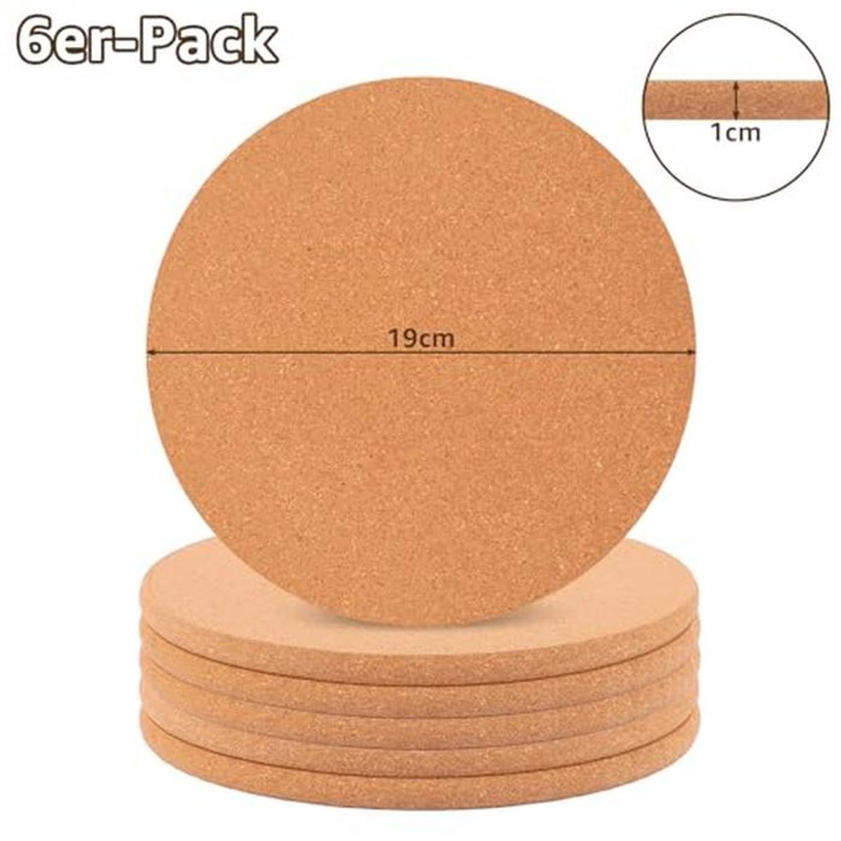 Set van 6 ronde kurken onderzetters (19 cm) - Hittebestendig en antislip