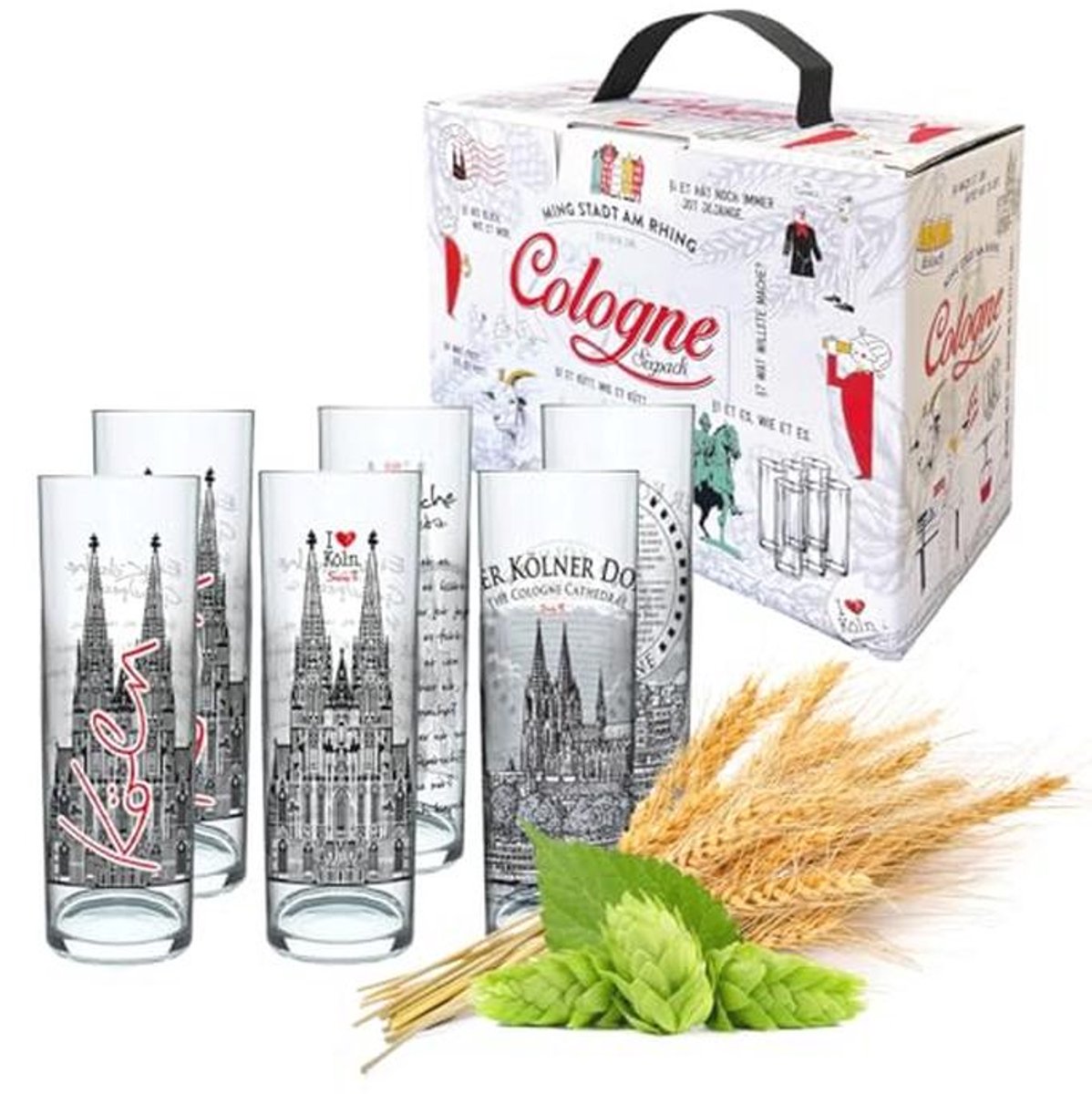 Set van 6 Kölner Kölschglazen - Kleurvolle Bierglazen met Print