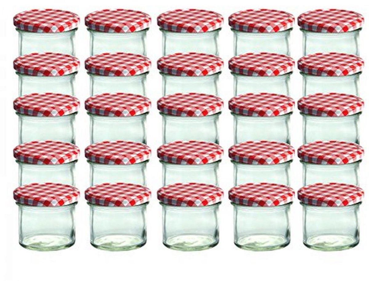 Set van 25 jampotten 125 ml met rood geruit deksel