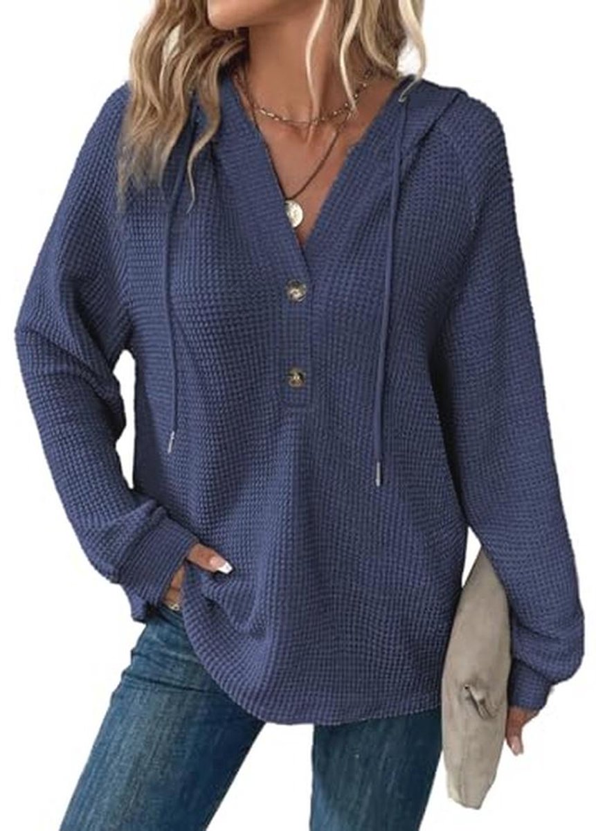 Dames Kapuchonpullover met Knoopsluiting en V-hals - Lange Mouwen Casual Sweatshirt S-XXL