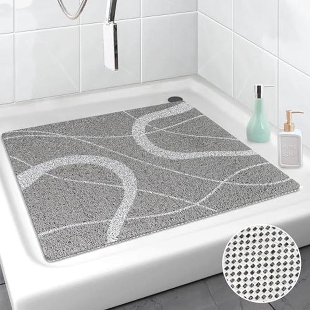 Antislip Douchemat 80 x 80 cm - Zachte PVC Luffa, Sneldrogend met Afvoeropening, Veilige Massagemat voor Senioren