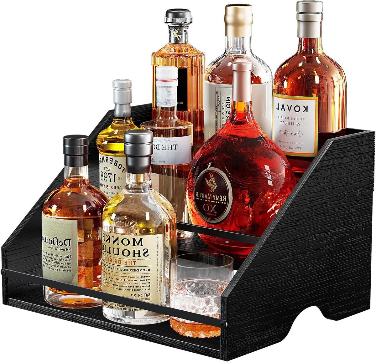 Provento - Drankfles Display Plank voor Thuis - Retro 3 Stappen Aanrecht Likeur Wijnrek - Kast en Bar Essentials - Whisky, Sterke Dranken - Kolen Zwart