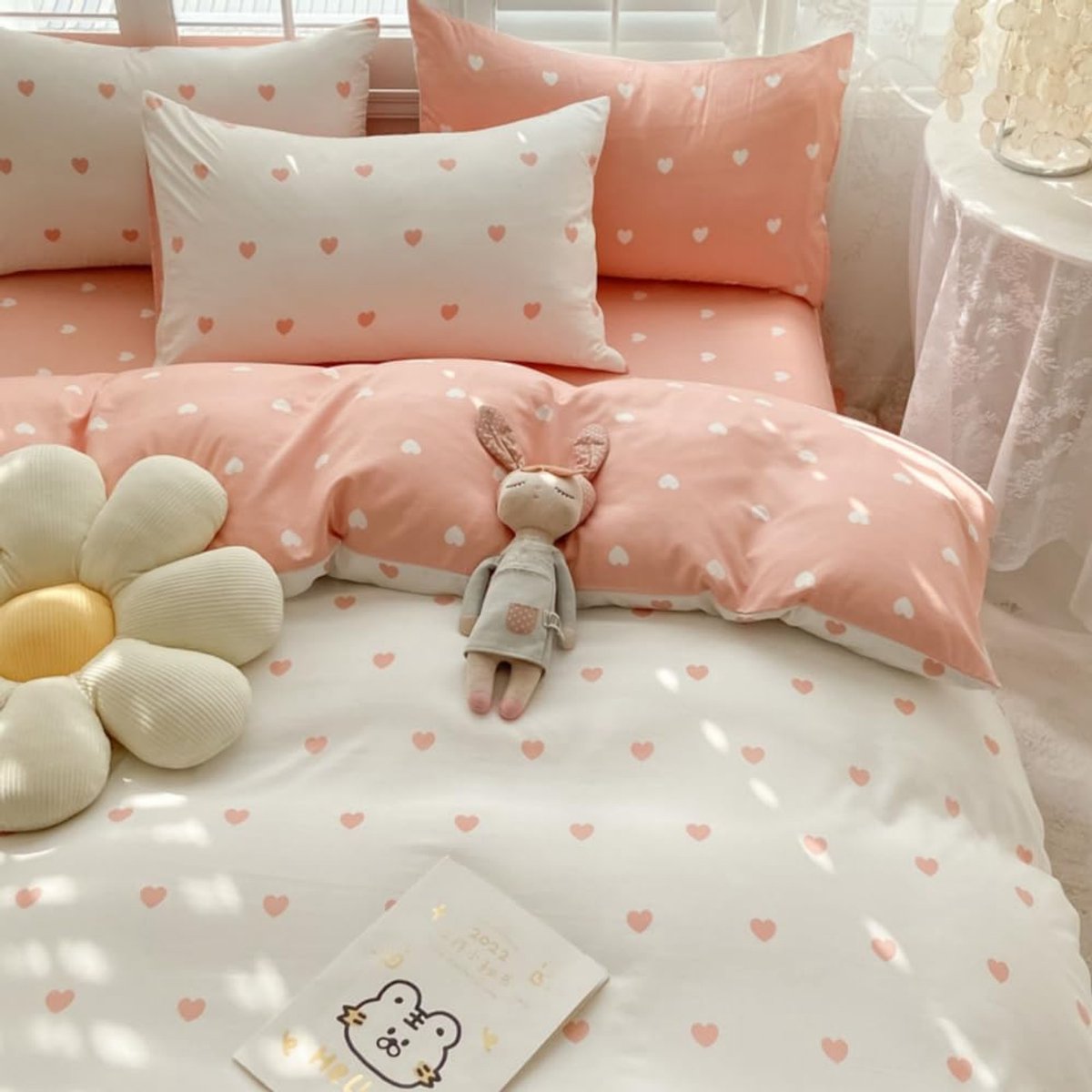 Ibenzoa Romantische roze dekbedovertrekset met hartjesmotief en kussenhoes Wit