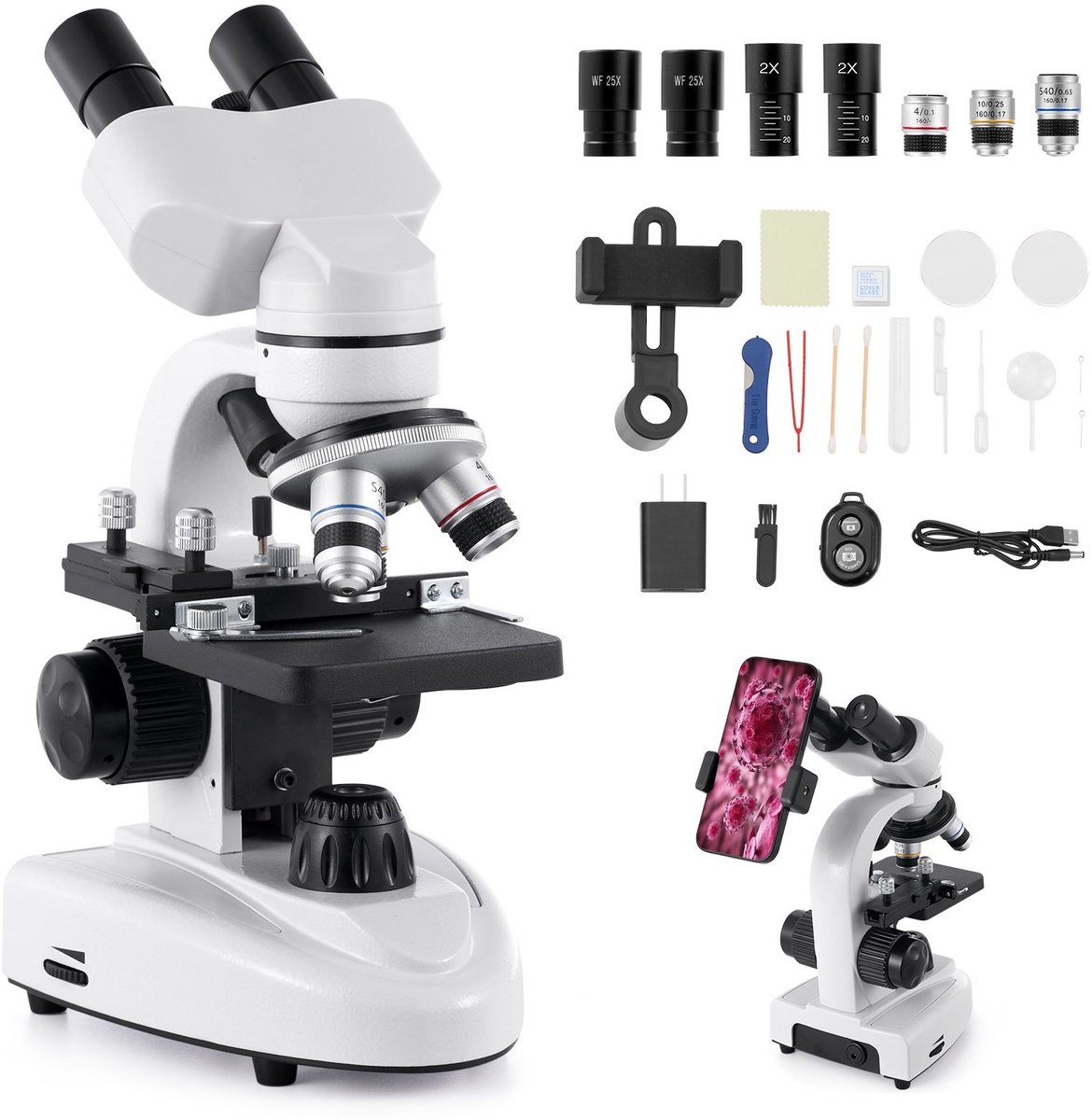 Binoculaire Microscoop - Samengestelde Microscoopset - Vergroting 40-2000x - Aluminium Behuizing - LED Verlichting - Smartphonehouder - Voor Volwassenen
