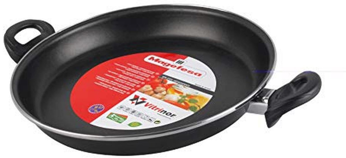 MAGEFESA Black Paella pan, 34 cm, enamelled steel, exterior, black, reinforced non-stick coating, suitable for all heat sources, especially induction, 50% energy saving.