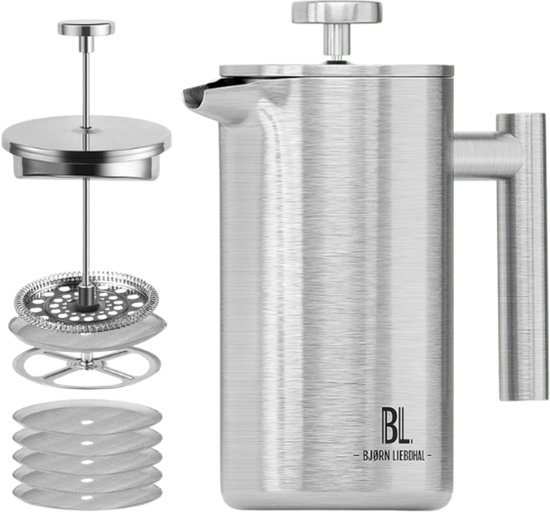 Presse française Premium en acier inoxydable 0 litre avec effet thermique [incl. 3 filtres de rechange et manuel] - Cafetière lavable au lave-vaisselle - Presse à café pour les déplacements