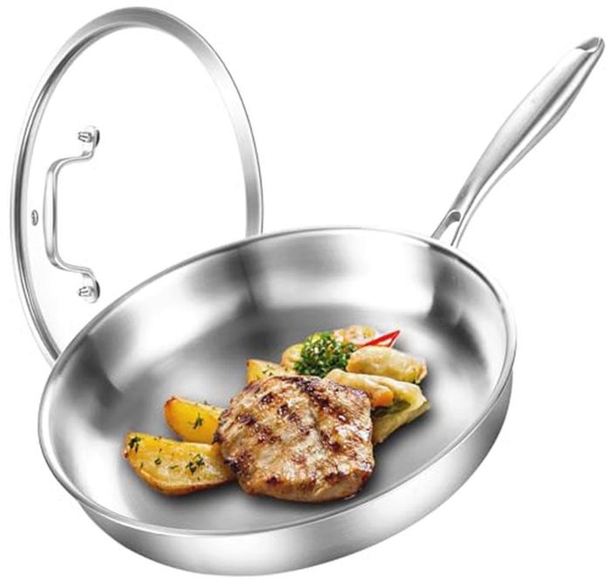 Drielaagse roestvrijstalen koekenpan met deksel, optimale warmteverdeling, inductie geschikt, 24 cm