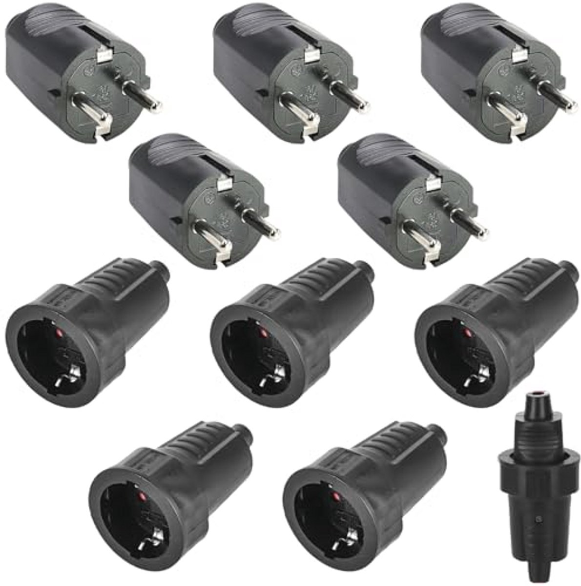 Schuko Stekkerset 5 Stuks voor Buiten, Waterdichte Rubber Coupler, 250V 16A, IP54, 2-Paals