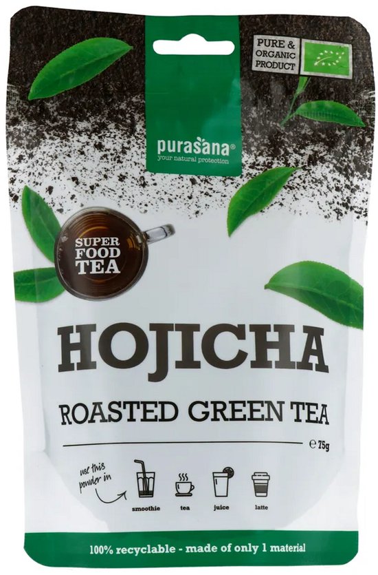 Purasana Hojicha geroosterde groene thee 75g verpakking met groene en witte accenten en bladeren.