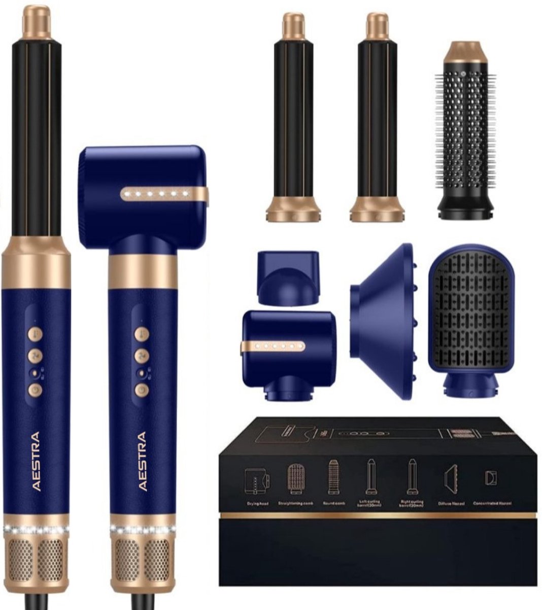 7 in 1 Hairwrap - Aestra - 110.000RPM - Föhnborstel - Föhn met Diffuser - Krultang - Krulborstel - Airstyler - 1400W - Haarborstel - Navy