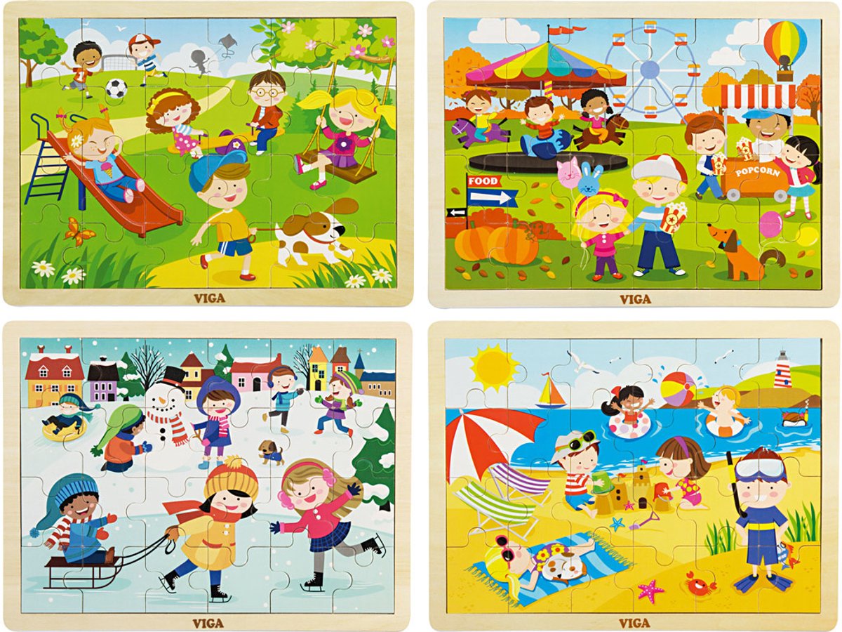 Viga Houten Legpuzzels Seizoenen - Set van 4 Puzzels, 4x24 Delen, Afmetingen 22,5x30 cm, Educatief en Leerzaam, 1 Doos